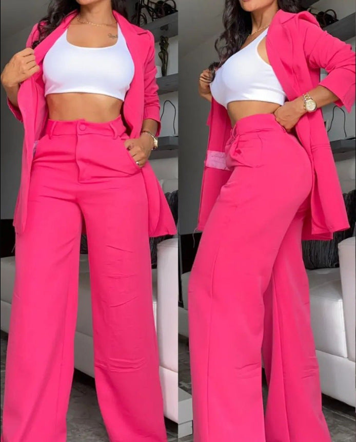 Pure Color Split Sleeve Lapel Suit Straight-leg Pants Suit Women -