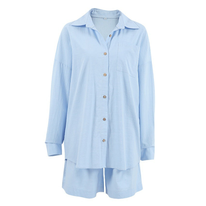 Fashion Cardigan Cotton And Linen Pure Color Comfort Pajamas Two-piece Set -