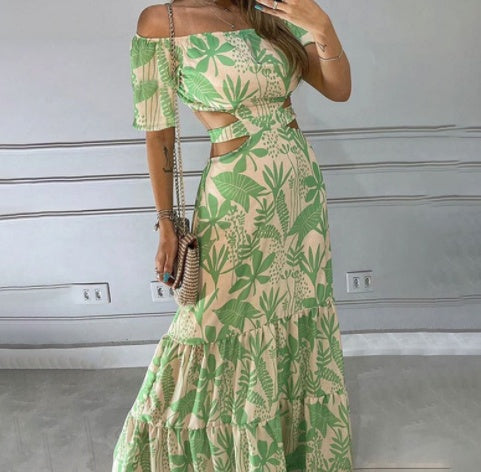 Off The Shoulder Print Cutout Lace Youth Cute Dress -