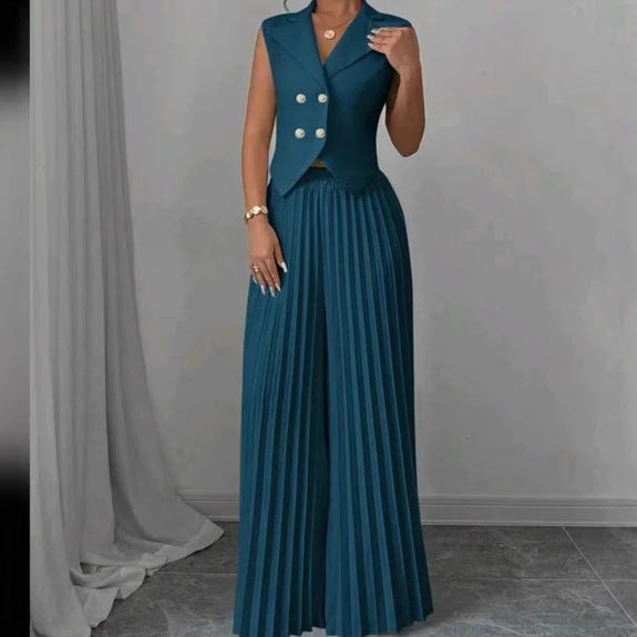 Summer Sleeveless Suit Fashion Lapel Button Vest Top And Pleated Straight Pants Women's Trousers Set Clothing JOJO Lingerie