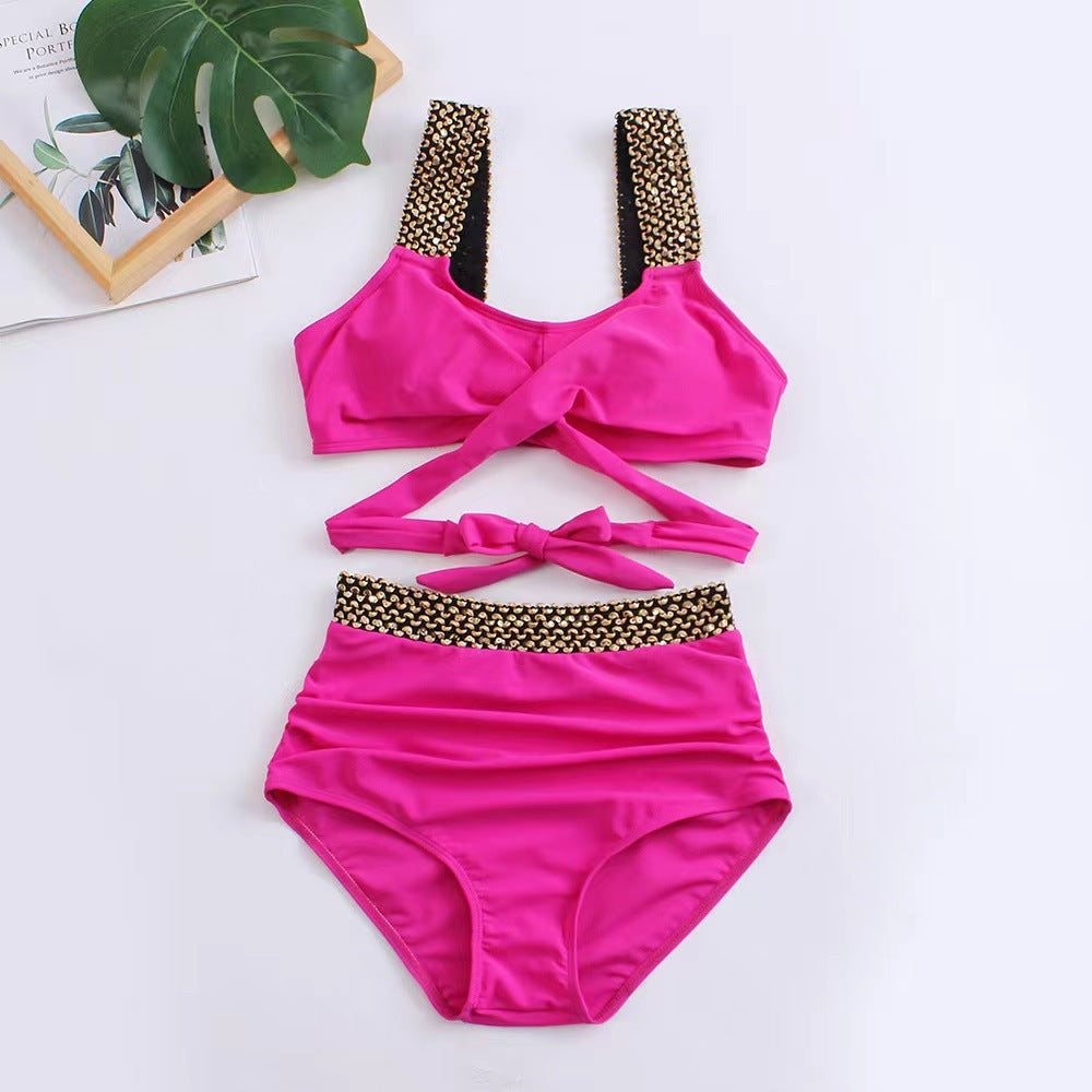 Ladies Two-Piece Bikini Crossover High Waist Swimsuit -