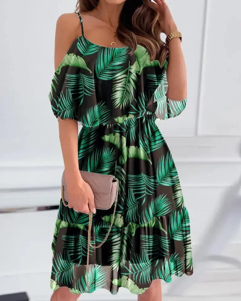 Rochie Vară Off-Shoulder Volane - Bretele Suspender, Floral Romantic, Culori VII -