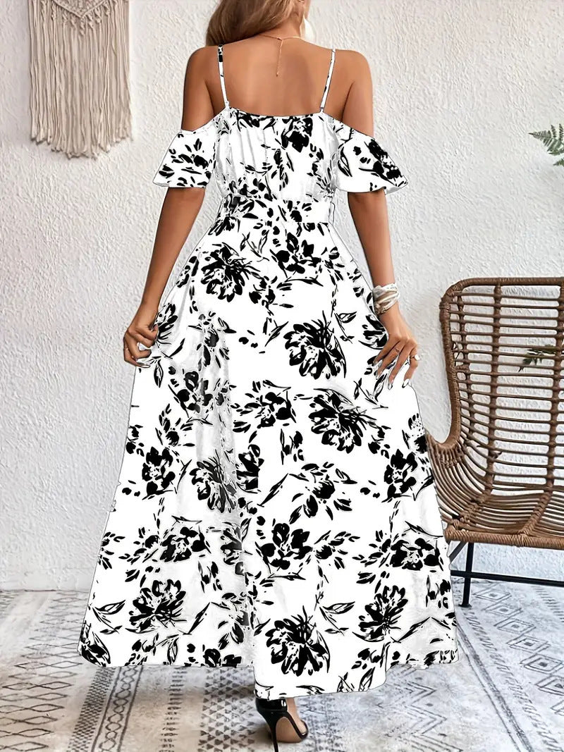 Ins Off-Shoulder Split Dress Summer Floral Print Suspender Long Dresses With Belt Design Women's Beach Clothing -