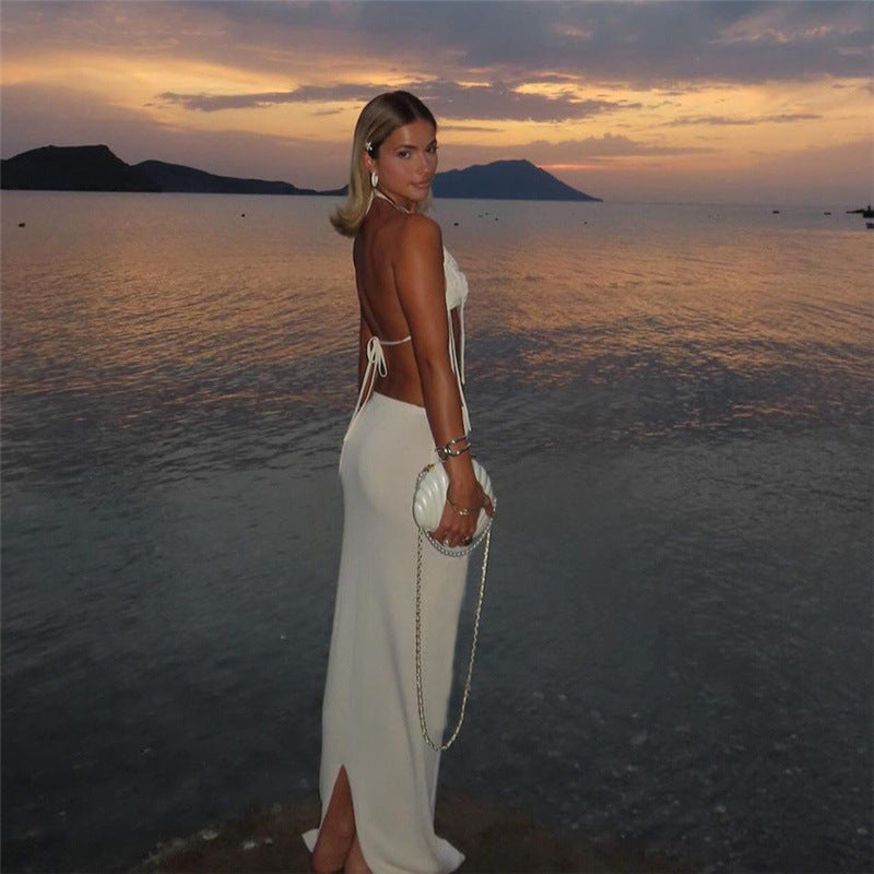 European And American Hot Girl Knitted Sleeveless Halter Navel Hip Skirt Suit -