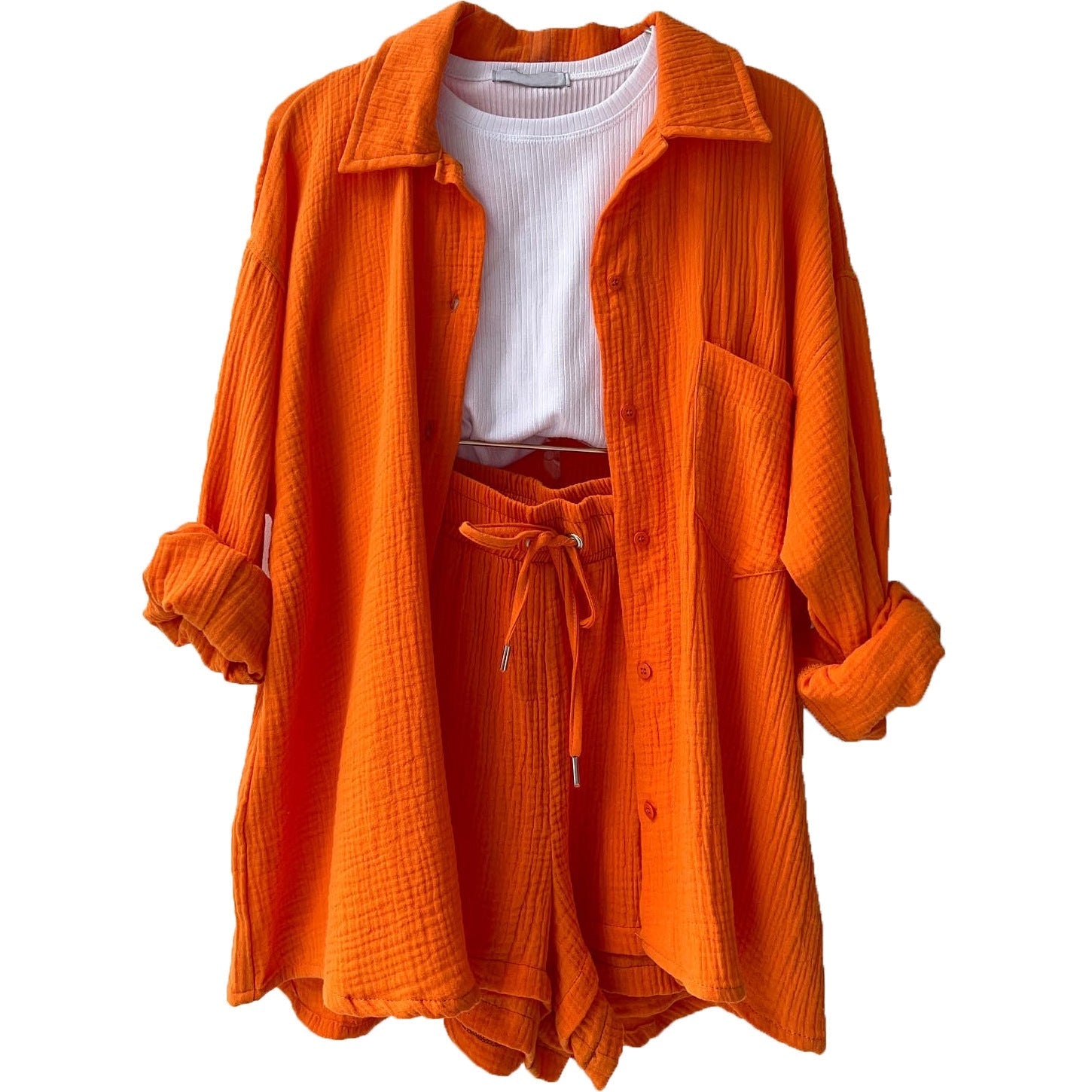 Women's Wrinkled Fabric Lapel Long Sleeved Shirt Shorts Fashion Casual Set -