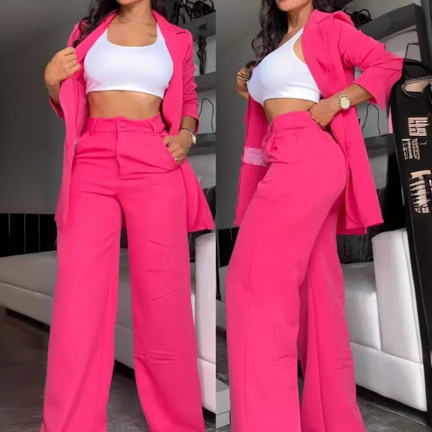 Pure Color Split Sleeve Lapel Suit Straight-leg Pants Suit Women -