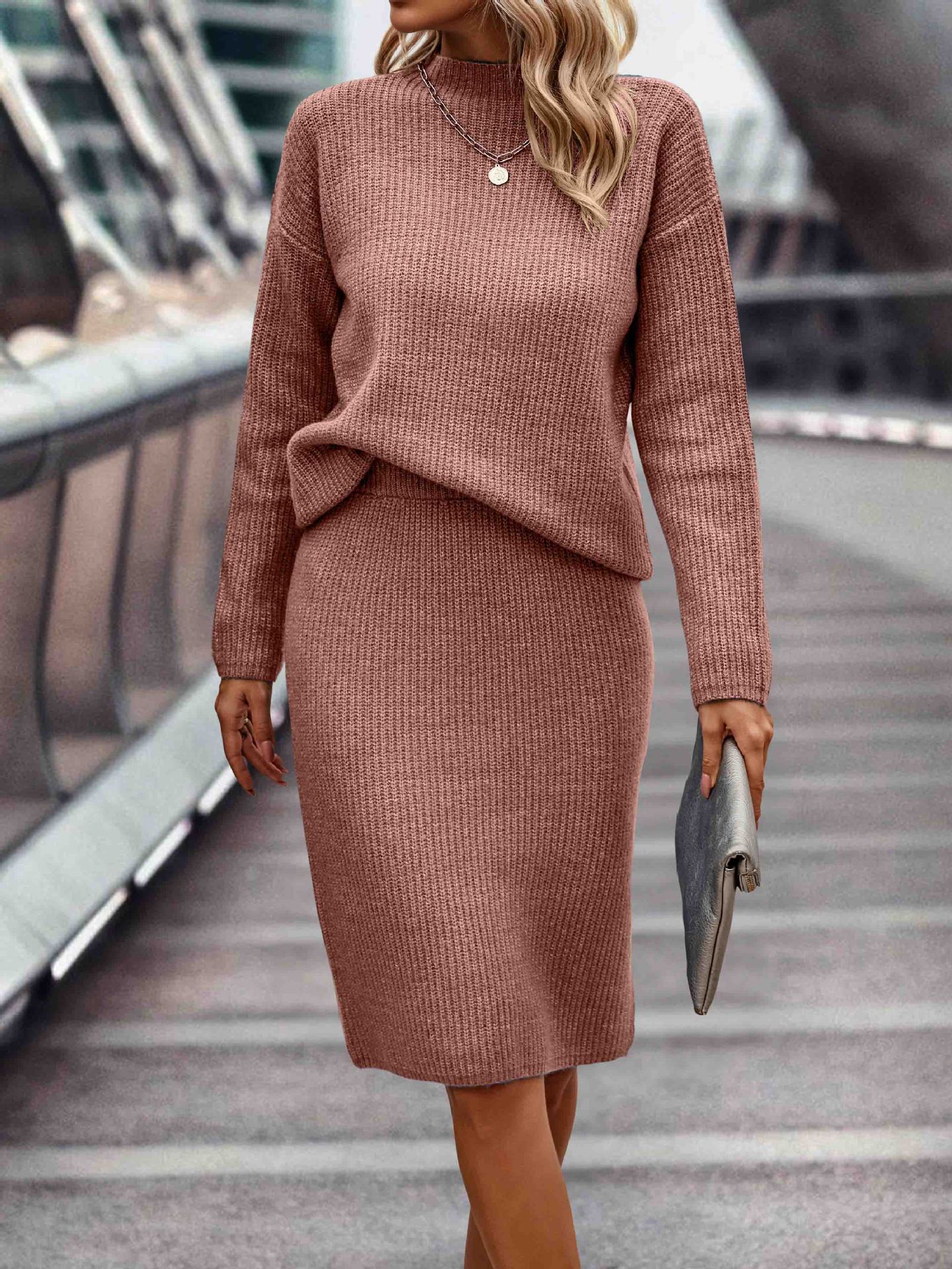 European And American Autumn And Winter Solid Color Long Sleeve Fashion Mock Neck Sweater Women's Suit -