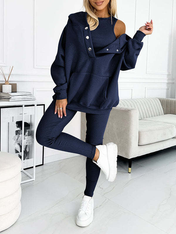 3pcs Women's Sports Suit Loose Hooded Pockets Sweatshirt And Vest And Slim Trousers -