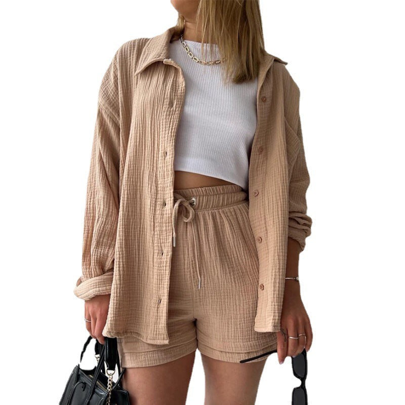 Women's Wrinkled Fabric Lapel Long Sleeved Shirt Shorts Fashion Casual Set -