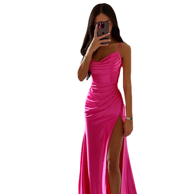Breast Shrink Pleated Slit Satin Slim-fit Bag Buttock Dress -