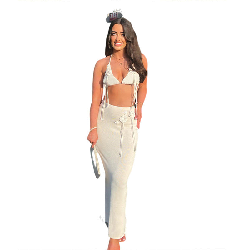 European And American Hot Girl Knitted Sleeveless Halter Navel Hip Skirt Suit -