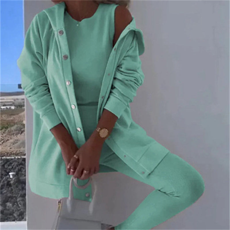 Women's Fashion Sports And Leisure Hooded Sweater Vest Pants Three-piece Set -