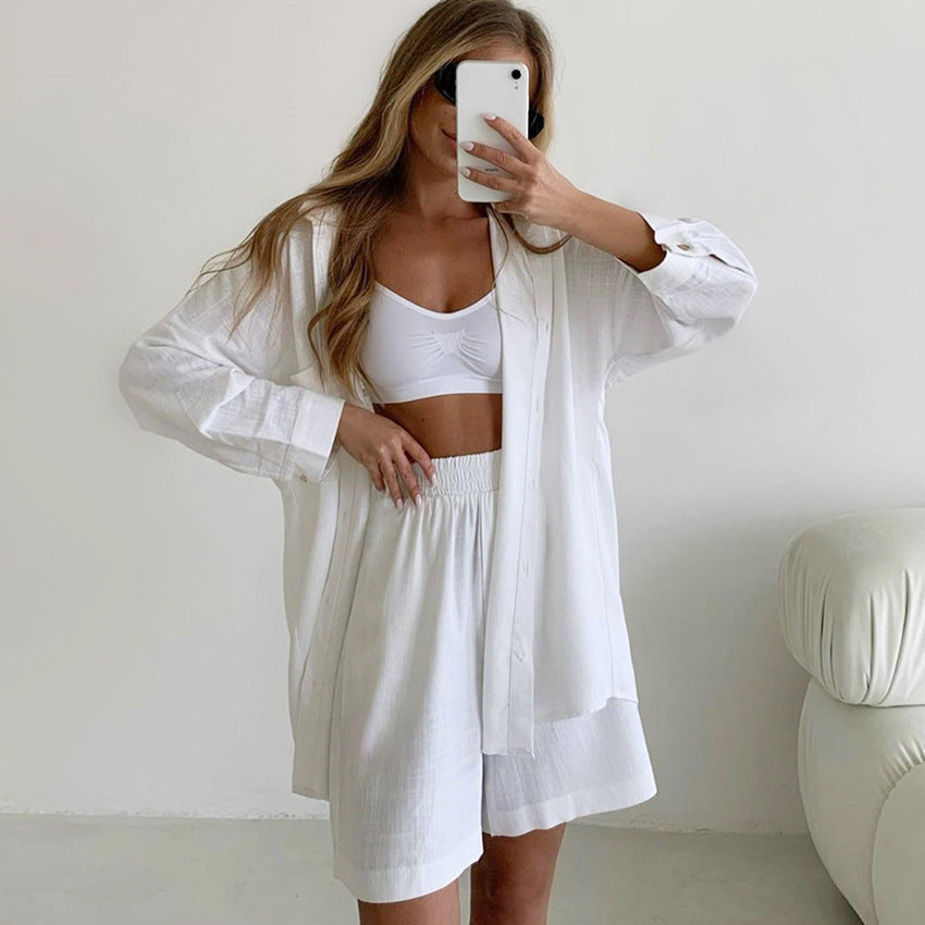Fashion Cardigan Cotton And Linen Pure Color Comfort Pajamas Two-piece Set -