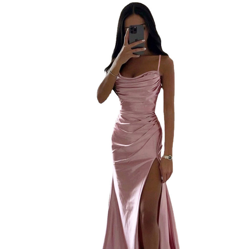 Breast Shrink Pleated Slit Satin Slim-fit Bag Buttock Dress -