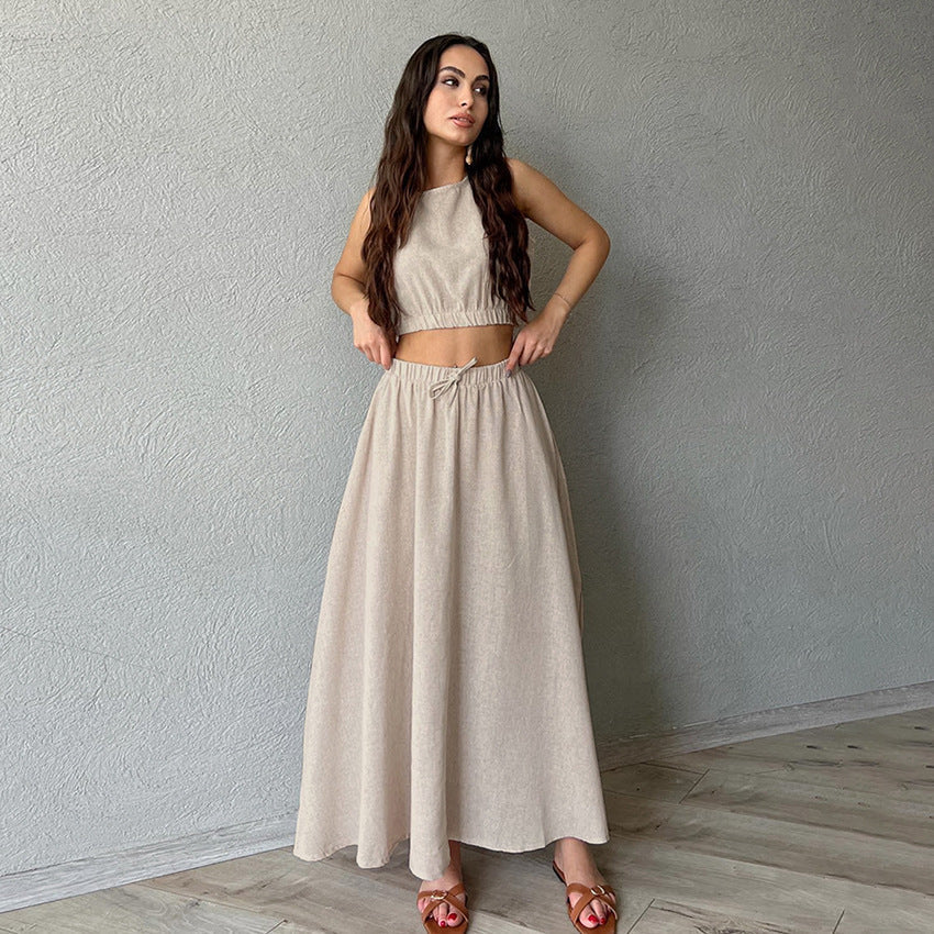 Ladies New Ramie Vest Long Skirt Casual Khaki Suit -