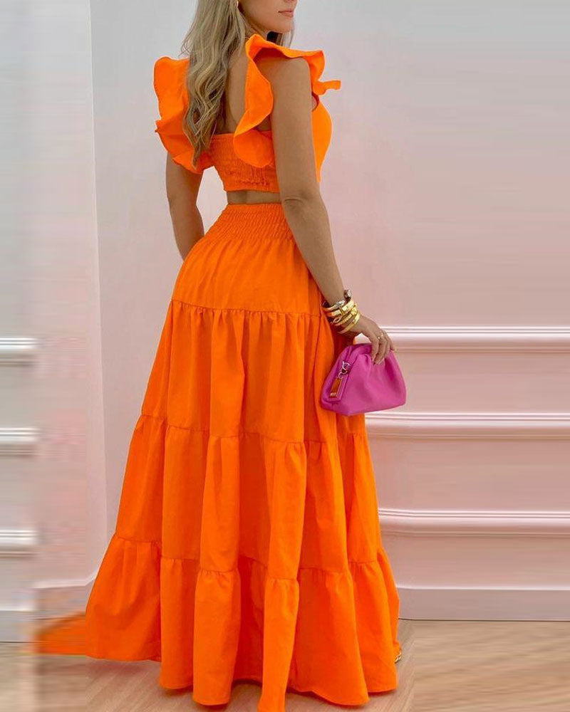 Women's New Solid Color Mid Waist Big Swing Two Piece Dress -