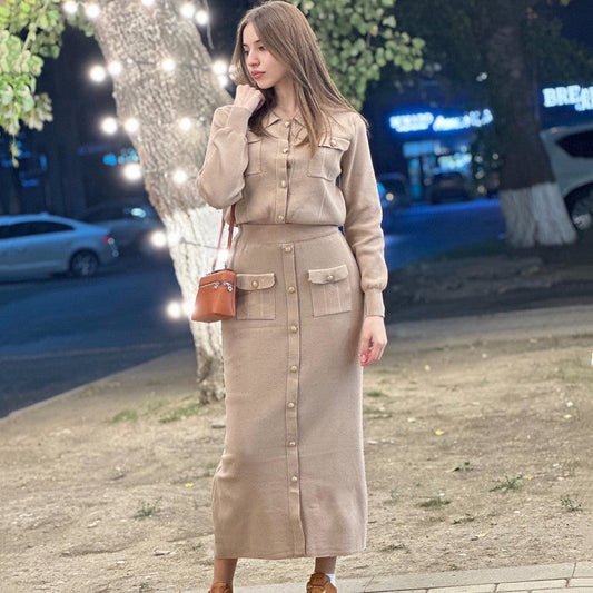 Elegant Pleated Slim-fit Lapel Woolen Skirt Two-piece Suit -