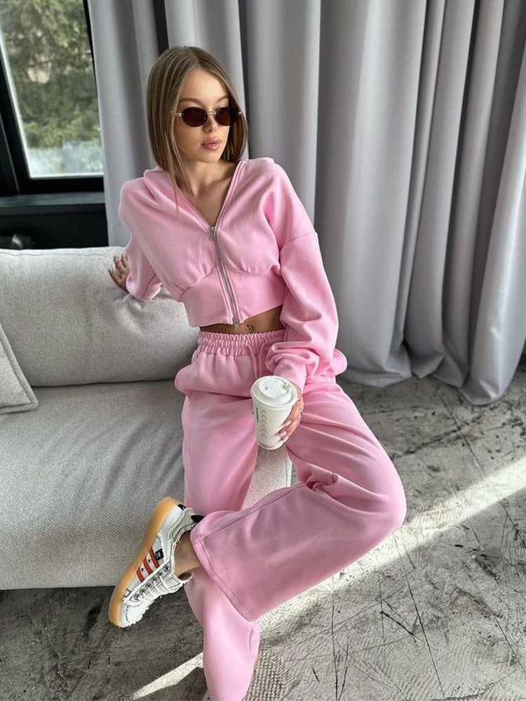 Long Sleeve Zipper Hooded Sweater Solid Color Laced Pants Two-piece Set -