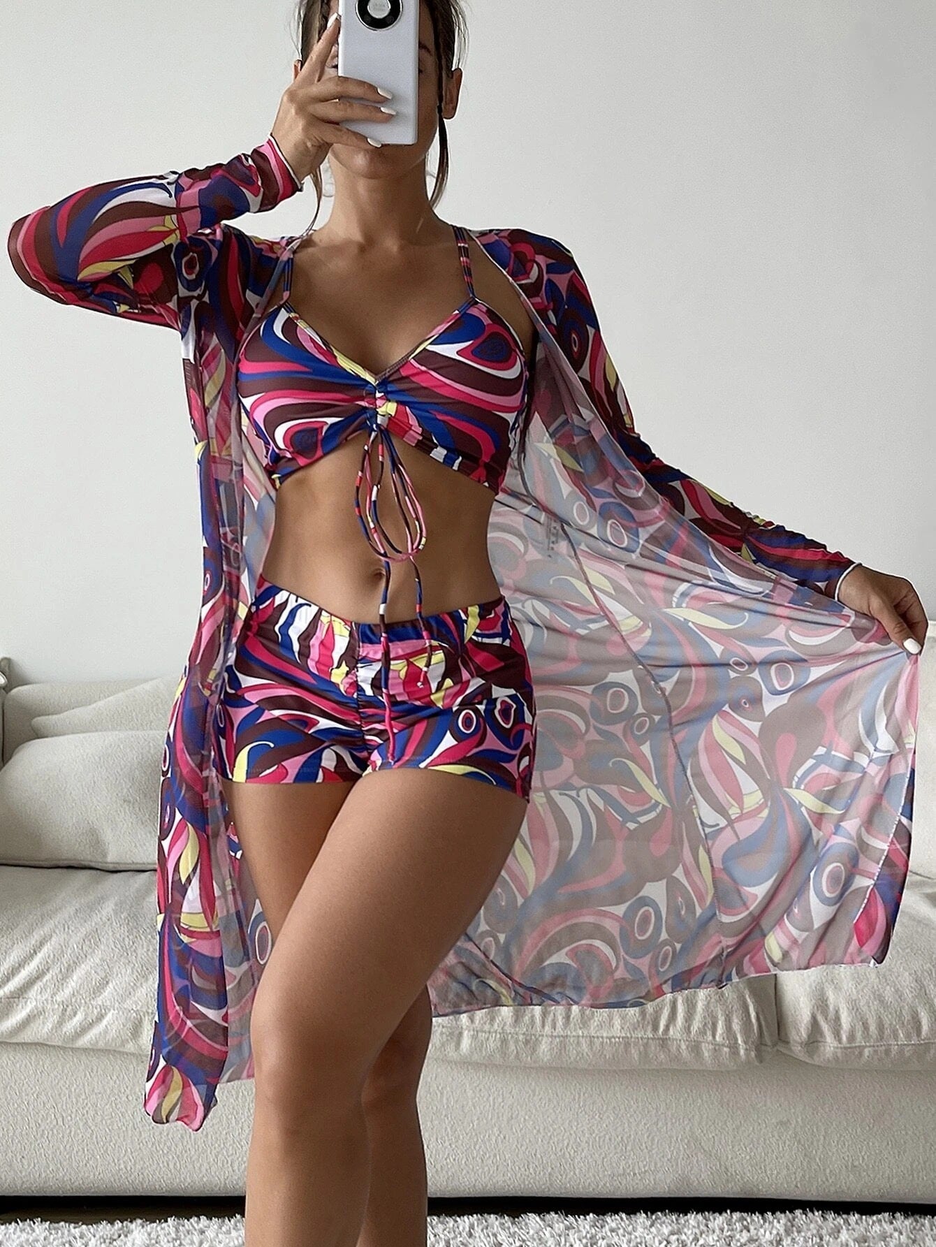 Swimsuit Female Split Three-piece Set High Waist Long Sleeve Smock Drawstring Suit -