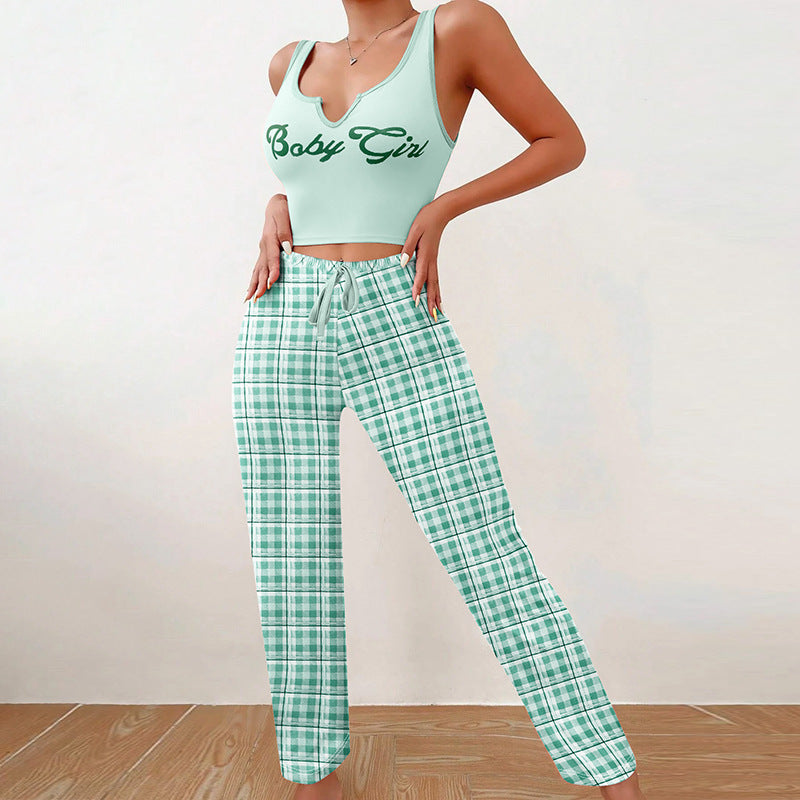 Spring Summer Women's Casual Pajamas Home Wear Vest Color Matching Plaid Trousers Letter Print Top Ladies 2 Pcs Home Clothes Sleepwear -