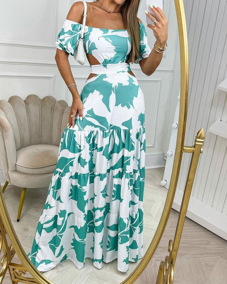 Off The Shoulder Print Cutout Lace Youth Cute Dress -