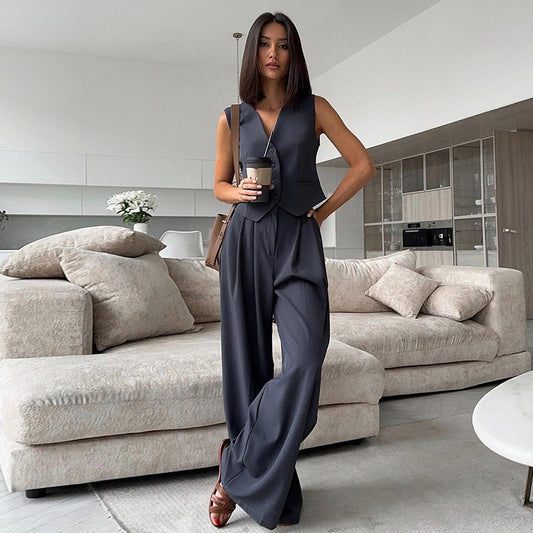 V-neck Sleeveless Waistcoat Vest Drooping Wide-leg Pants Suit -