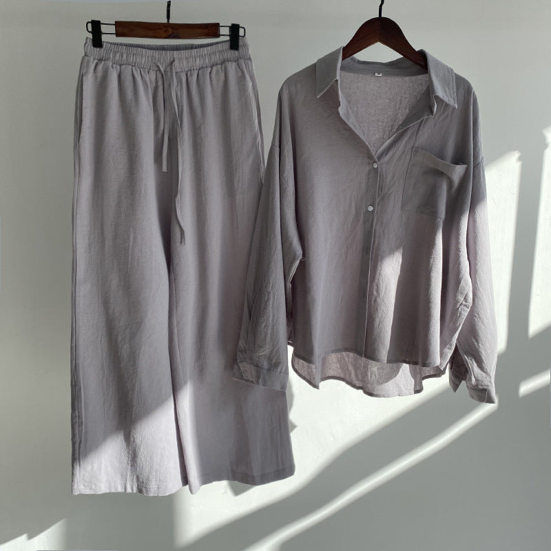 Cross-border Women's Ancient Cotton And Linen Shirt Outfit High Waist Loose Trousers -