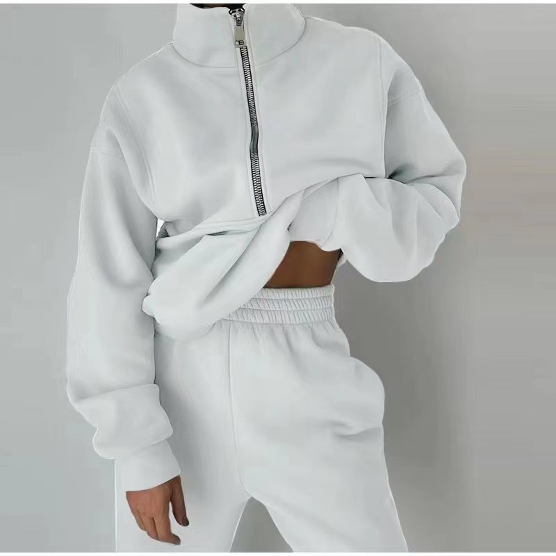Stand Collar Suit Zip Up Crop Sportswear Long Sleeve Sweatshirt And Trousers For Spring Fall Women's Clothing -