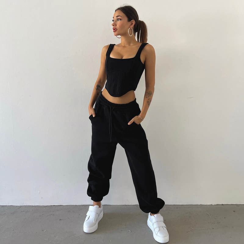 Gray Waist Hooded Short Sweater Ankle Banded Pants Three-piece Set -