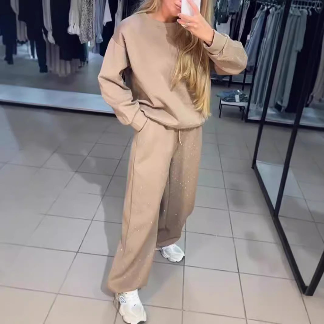 Women's Casual Round Neck Drilling Drawstring Ankle-tied Two-piece Suit -