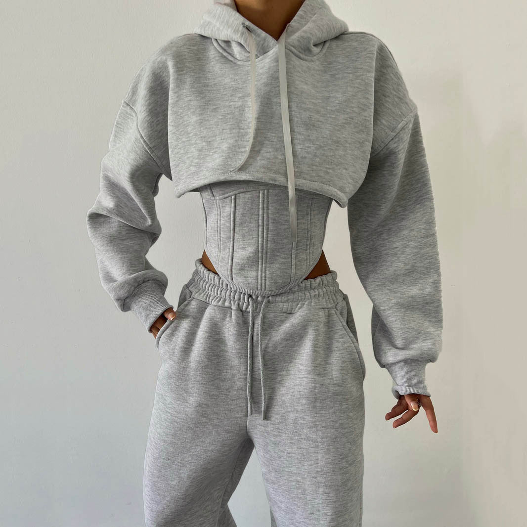 Gray Waist Hooded Short Sweater Ankle Banded Pants Three-piece Set -