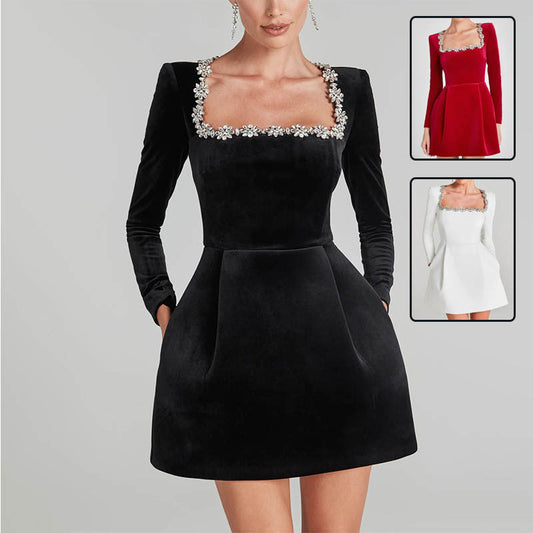 Rochie Scurtă Elegantă Evazată - Guler Pătrat, Mâneci Lungi, Flori Strass -