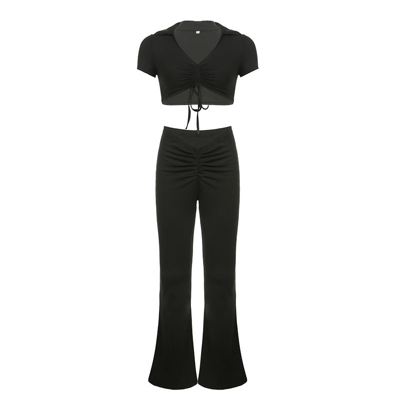High Waist V-shaped Slim Fit Micro Ragged Pants Two Piece Set -