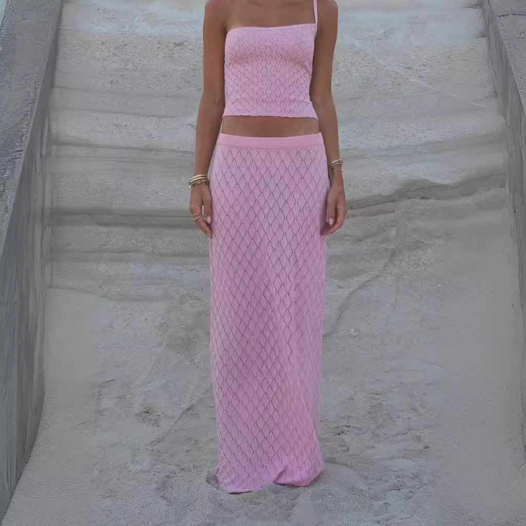 Women's Knitted Beach Short Show Belly Backless Camisole Long Skirt Two-piece Set -