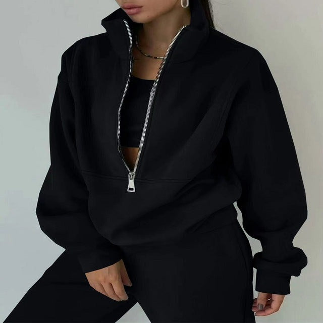 Stand Collar Suit Zip Up Crop Sportswear Long Sleeve Sweatshirt And Trousers For Spring Fall Women's Clothing -