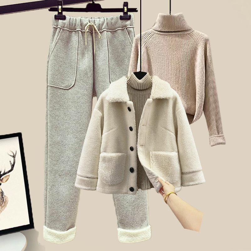 Lamb Wool Fur Sweater Casual Pants Three Piece Set Fashion Suit Women -