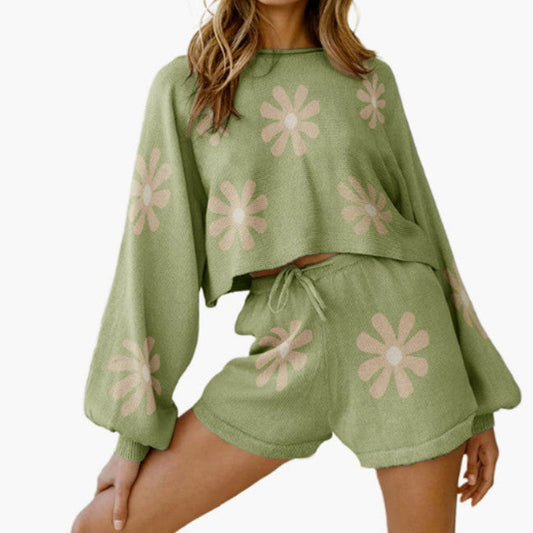 Women's Fashionable Simple Solid Color Waffle Knitted Pajama Set -