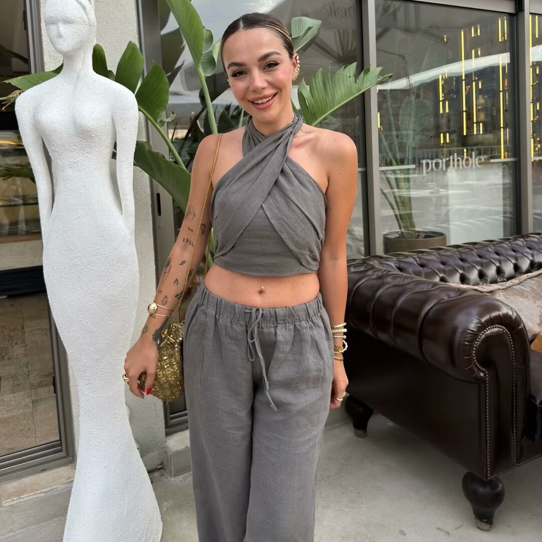 Hanging Collar Linen Top Wide Leg Pants Suit -