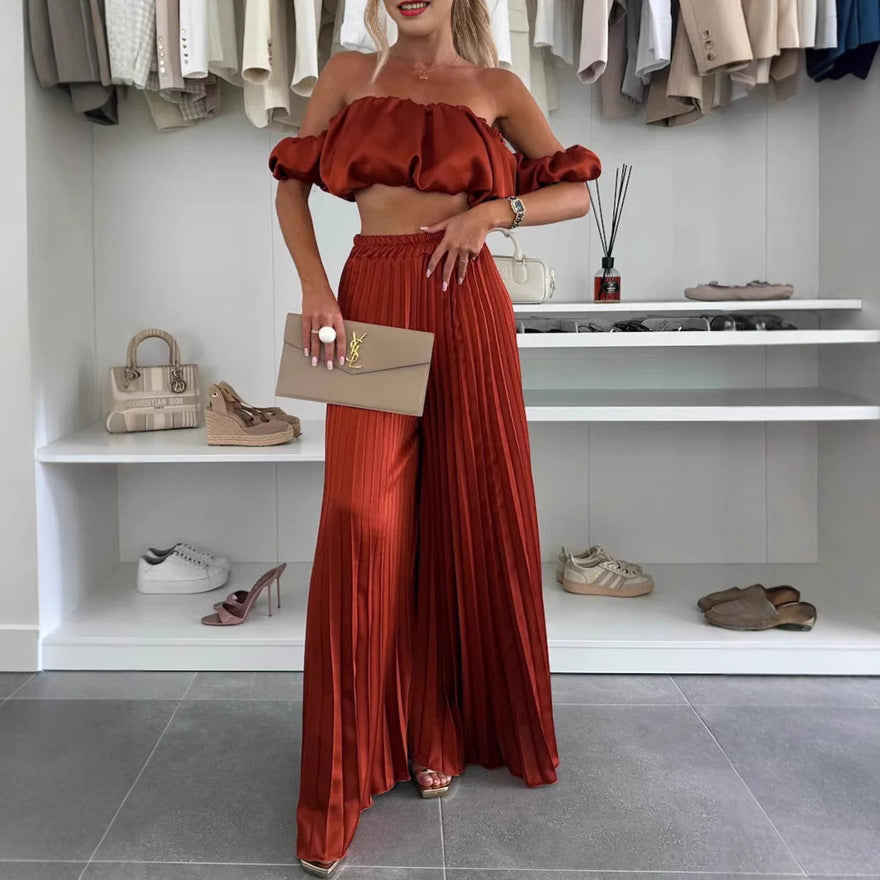 Women's Fashion Satin Tube Top Wide Leg Pants Suit -