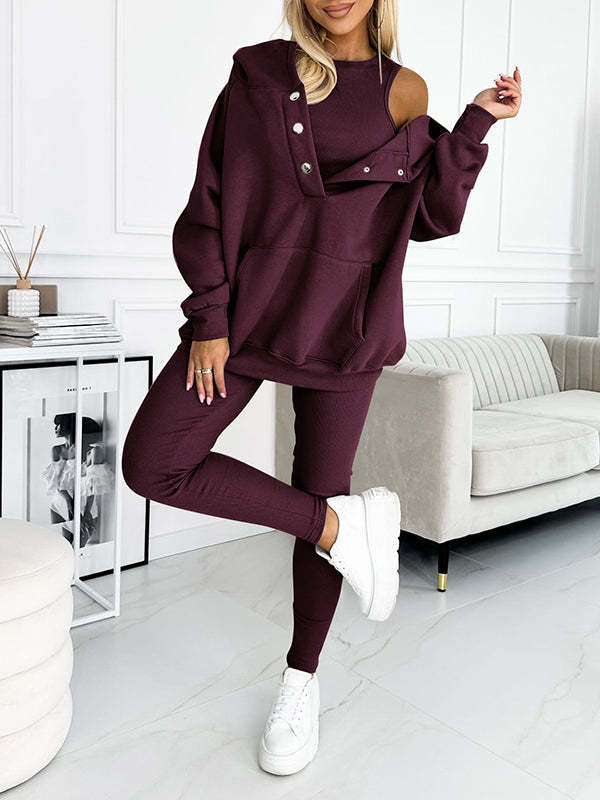 3pcs Women's Sports Suit Loose Hooded Pockets Sweatshirt And Vest And Slim Trousers -