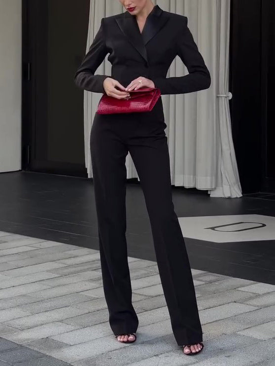 Black Backless Beaded Cropped Blazer & High Waist Pants Set -