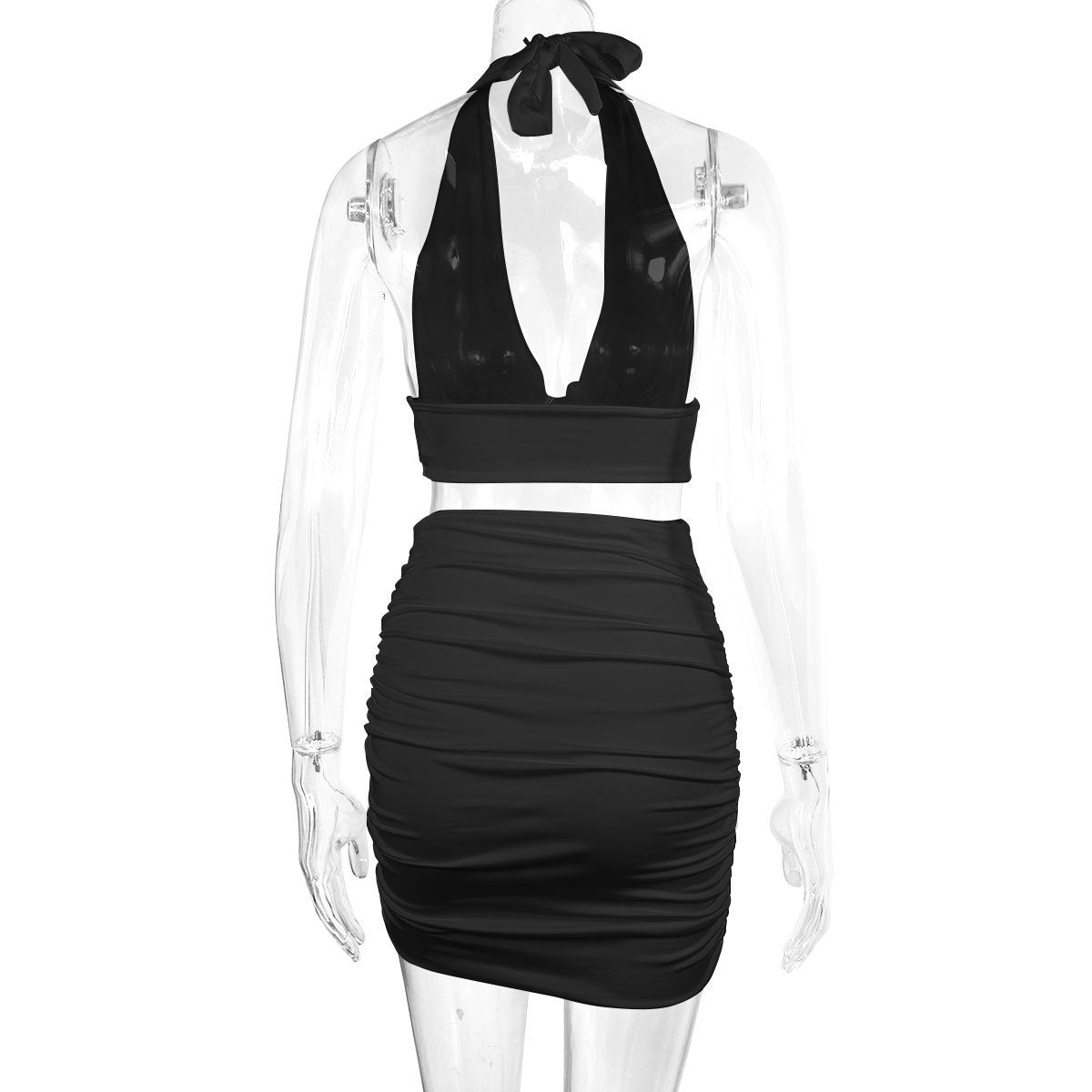 Set Vară - Top Halter Reglabil, Fustă Pliuri Scurtă -