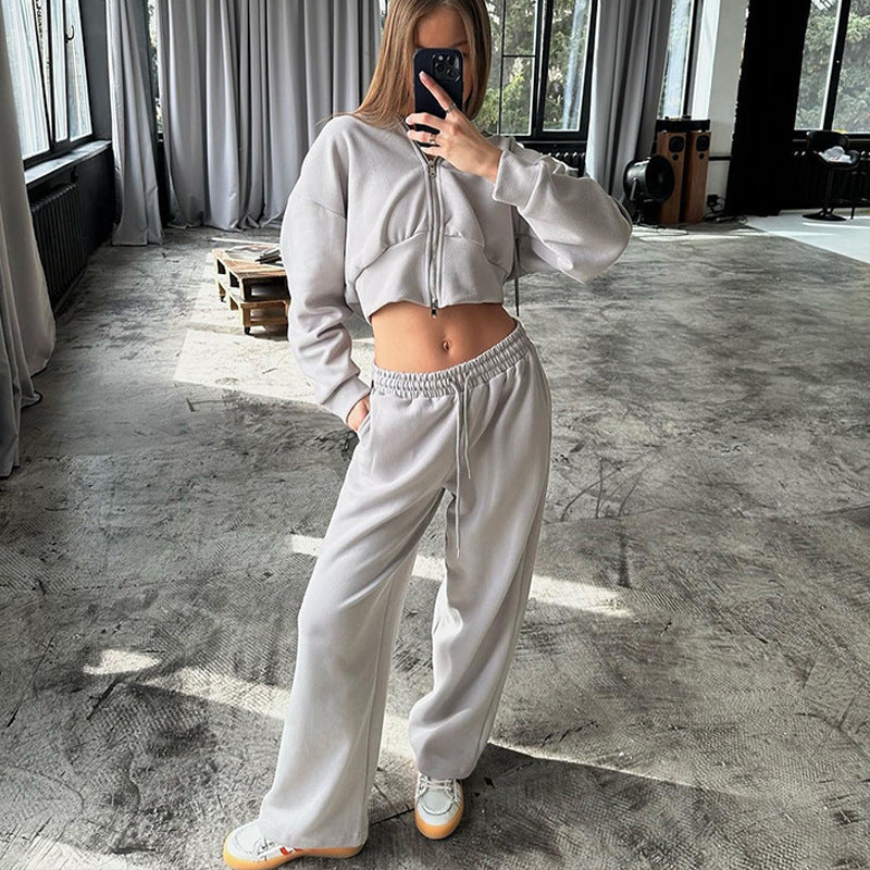 Long Sleeve Zipper Hooded Sweater Solid Color Laced Pants Two-piece Set -