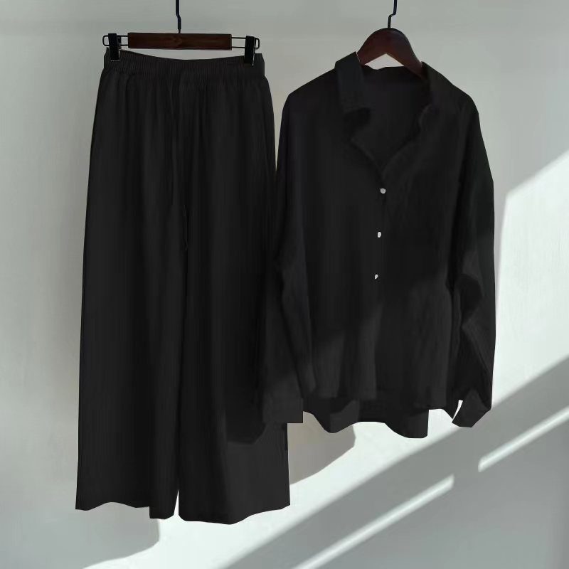 Cross-border Women's Ancient Cotton And Linen Shirt Outfit High Waist Loose Trousers -