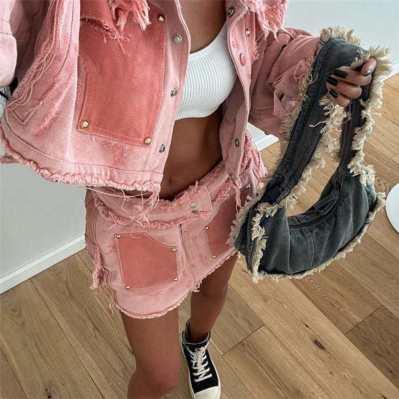 Women's Fashion Leisure Cargo Contrast Color Lapels Slim Denim Jacket -