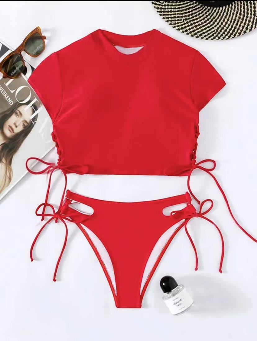 Women's Fashion One-piece Solid Color Short Sleeve Swimsuit -