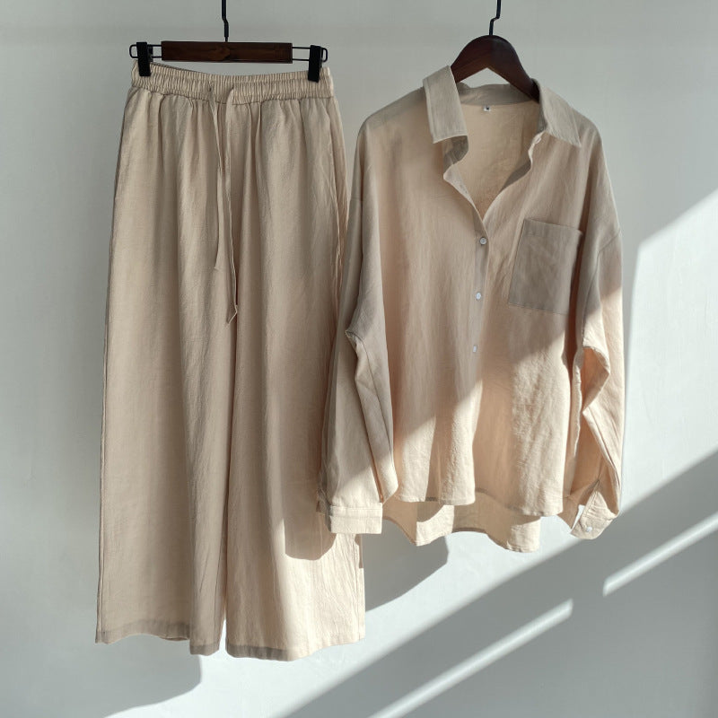 Cross-border Women's Ancient Cotton And Linen Shirt Outfit High Waist Loose Trousers -