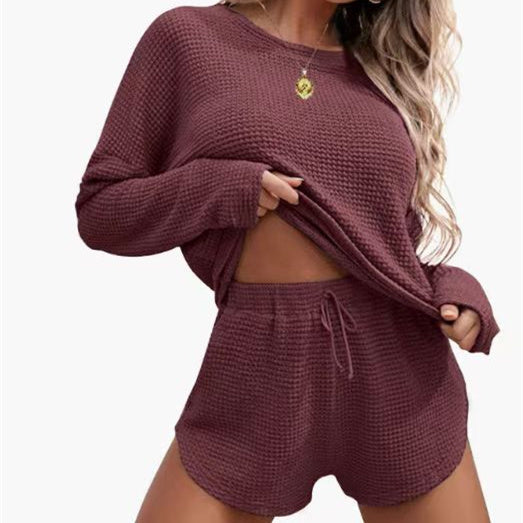Women's Fashionable Simple Solid Color Waffle Knitted Pajama Set -