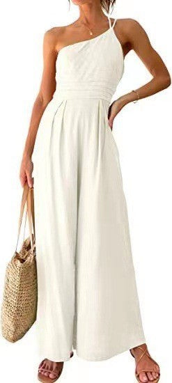 New Solid Color Loose Wide-leg Cotton And Linen Jumpsuit -