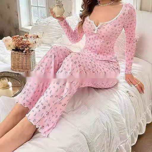 Small Floral Print Lettuce Edge Lace Collar Button Pajamas Suit -